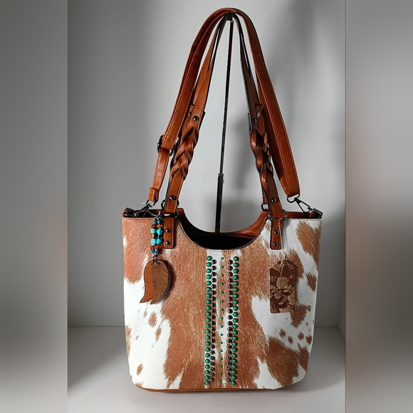 Handbags - Sam & Hadley Women’s Light Brown & White Cowhide Pattern Tote wTurquoise Accents